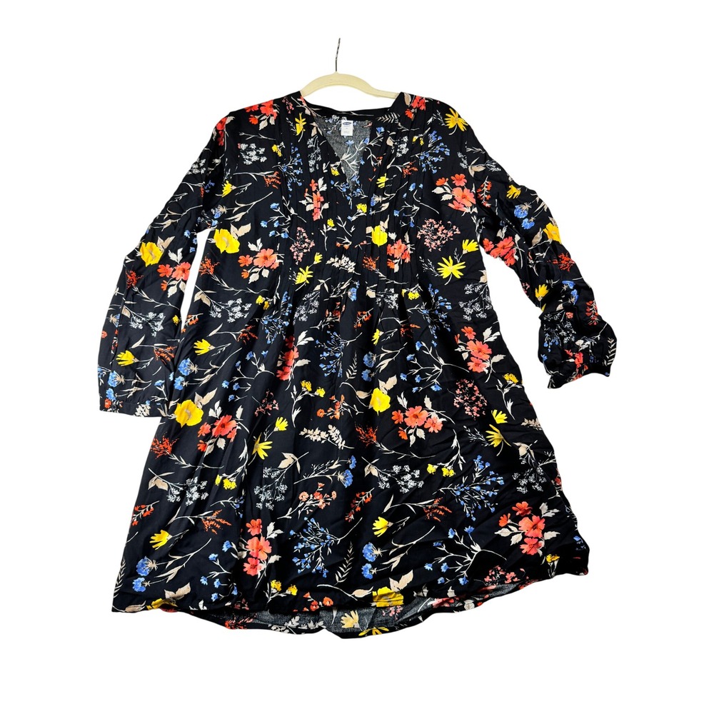 Old Navy Floral‎ Print Dress Black Red Yellow Blue Long Sleeve Womens M